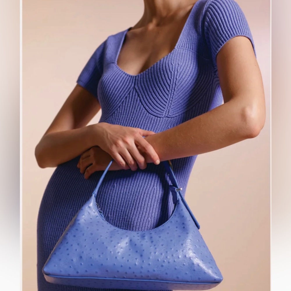 STAUD NWT Estelle Ostrich-Embossed Leather Shoulder Bag in periwinkle - Picture 2 of 7